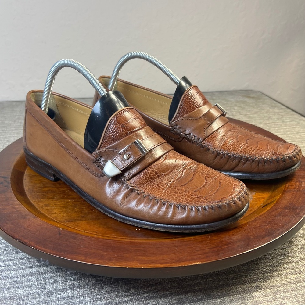 Vintage Boot Loafers Ostrich Embossed Buckle Strap Moc Toe 11 M Brown Dress